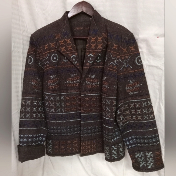 COLDWATER CREEK Blazer Brown Denim Blue Embroidery, Gems, Beaded Size 16/42 - Picture 1 of 14